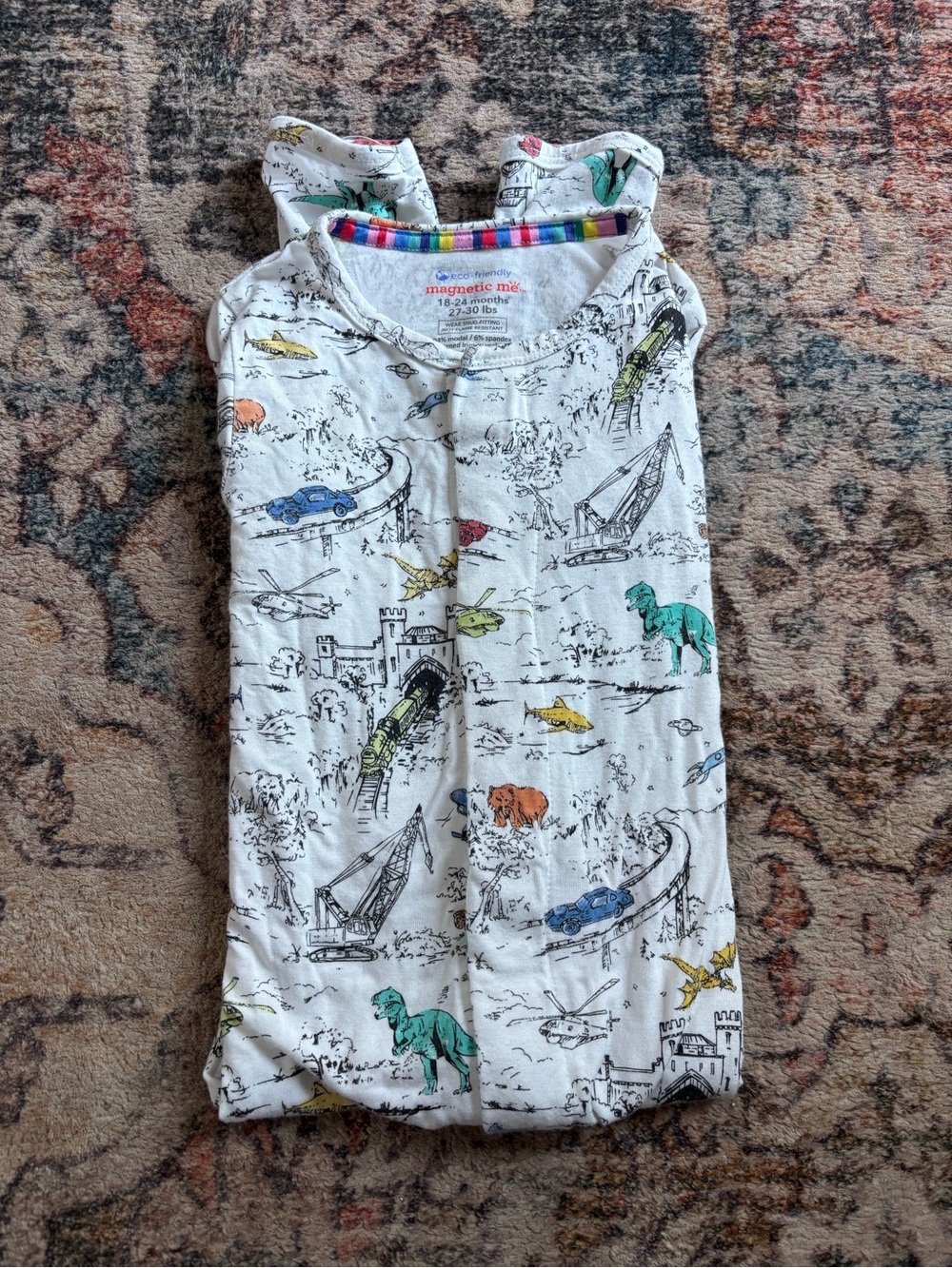 Magnetic Me White Dinosaur & Vehicle onesie with Colorful Accents